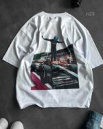 Мужская Летняя Белая Футболка Оверсайз - Объемная Хлопковая с Принтом Гонщик на Спине