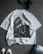 Мужская Летняя Белая Футболка Оверсайз - Объемная Хлопковая с Принтом Колизей на Спине