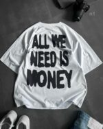 Мужская Летняя Белая Футболка Оверсайз - Объемная Хлопковая с Надписью "All We Need is Money"