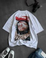 Мужская Летняя Белая Футболка Оверсайз - Объемная Хлопковая с Принтом Кот на Спине