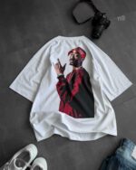 Мужская Летняя Белая Футболка Оверсайз - Объемная Хлопковая с Принтом Тупак на Спине