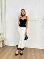 Женская Длинная Шелковая Белая Юбка с Кружевом