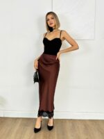 Женская Длинная Шелковая Коричневая Юбка с Кружевом