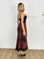 Женская Длинная Шелковая Коричневая Юбка с Кружевом