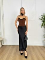 Женская Длинная Шелковая Черная Юбка с Кружевом