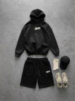 Мужской Черный Костюм Комплект Двойка Оверсайз (Худи + Шорты)