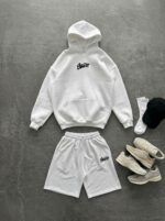 Мужской Белый Костюм Комплект Двойка Оверсайз (Худи + Шорты)