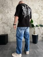 Мужская Черная Футболка Оверсайз Хлопок с Принтом Гаргульи на Спине