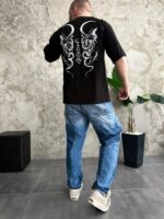 Мужская Черная Футболка Оверсайз Хлопок с Принтом Гаргульи на Спине