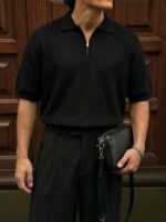 Мужская Базовая Черная Футболка Поло Свободного Кроя с Воротником на Змейке