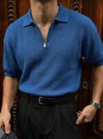 Мужская Базовая Синяя Футболка Поло Свободного Кроя с Воротником на Змейке