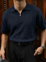 Мужская Базовая Темно-Синяя Футболка Поло Свободного Кроя с Воротником на Змейке