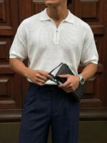 Мужская Базовая Белая Футболка Поло Свободного Кроя с Воротником на Змейке