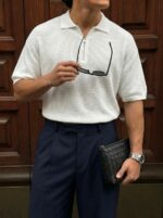 Мужская Базовая Белая Футболка Поло Свободного Кроя с Воротником на Змейке