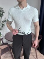 Мужская Базовая Белая Футболка Поло Приталенного Кроя в Широкий Рубчик