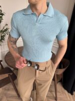 Мужская Базовая Голубая Футболка Поло Приталенного Кроя в Широкий Рубчик