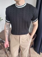 Мужская Базовая Классическая Черная Футболка Косичка с Окантовкой