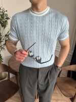 Мужская Базовая Классическая Голубая Футболка Косичка с Окантовкой