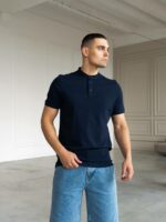 Мужская Базовая Хлопковая Темно-Синяя Футболка с Пуговицами