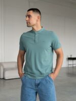 Мужская Базовая Хлопковая Бирюзовая Футболка с Пуговицами