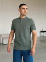 Мужская Базовая Хлопковая Фисташковая Футболка с Пуговицами