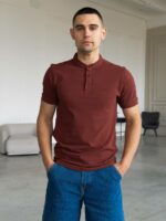Мужская Базовая Хлопковая Терракотовая Футболка с Пуговицами