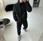 Мужской Черный Костюм Комплект Плащевка на Молнии (Ветровка + Штаны)