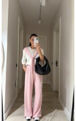 Женский Костюм Комплект Двойка - Белая Футболка с Имитацией Кофты на Плечах + Розовые Широкие Штаны