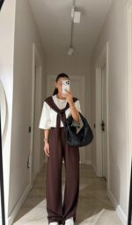 Женский Костюм Комплект Двойка - Белая Футболка с Имитацией Кофты на Плечах + Коричневые Широкие Штаны