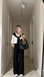 Женский Костюм Комплект Двойка - Белая Футболка с Имитацией Кофты на Плечах + Черные Широкие Штаны