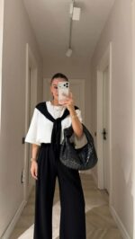 Женский Костюм Комплект Двойка - Белая Футболка с Имитацией Кофты на Плечах + Черные Широкие Штаны