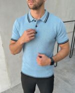 Мужская Голубая Футболка - Классическая с Воротником Поло и Окантовкой