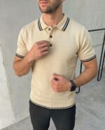 Мужская Бежевая Футболка - Классическая с Воротником Поло и Окантовкой