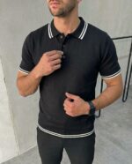 Мужская Черная Футболка - Классическая с Воротником Поло и Окантовкой