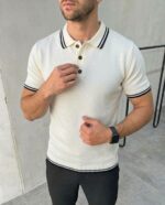 Мужская Молочная Футболка - Классическая с Воротником Поло и Окантовкой