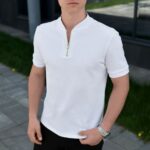 Мужская Классическая Базовая Белая Футболка Воротник Стойка на Замке