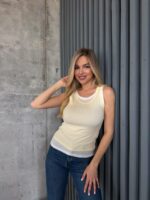 Женская Двойная Трикотажная Желтая Майка в Рубчик