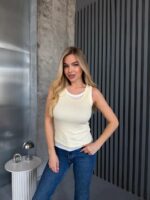 Женская Двойная Трикотажная Желтая Майка в Рубчик