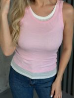 Женская Двойная Трикотажная Розовая Майка в Рубчик