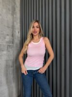 Женская Двойная Трикотажная Розовая Майка в Рубчик