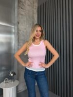 Женская Двойная Трикотажная Розовая Майка в Рубчик