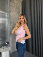 Женская Двойная Трикотажная Розовая Майка в Рубчик