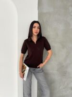 Женская Трикотажная Коричневая Футболка Поло с V-вырезом