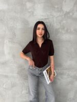Женская Трикотажная Коричневая Футболка Поло с V-вырезом