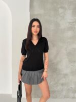 Женская Трикотажная Черная Футболка Поло с V-вырезом