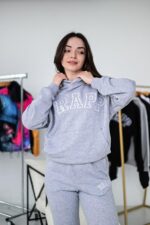 Женский Базовый Спортивный Костюм Худи Джоггеры Серый Меланж - Трехнитка с Вышивкой