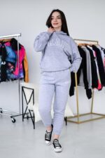 Женский Базовый Спортивный Костюм Худи Джоггеры Серый Меланж - Трехнитка с Вышивкой