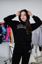 Женский Базовый Черный Спортивный Костюм Худи Джоггеры - Трехнитка с Вышивкой