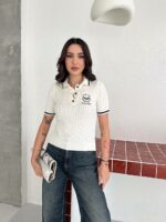 Женская Классическая Белая Футболка Косичка с Воротником Поло и Кантом