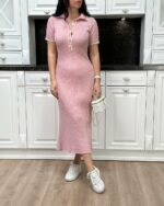 Женское Длинное Приталенное Розовое Платье Поло Трикотаж с Короткими Рукавами